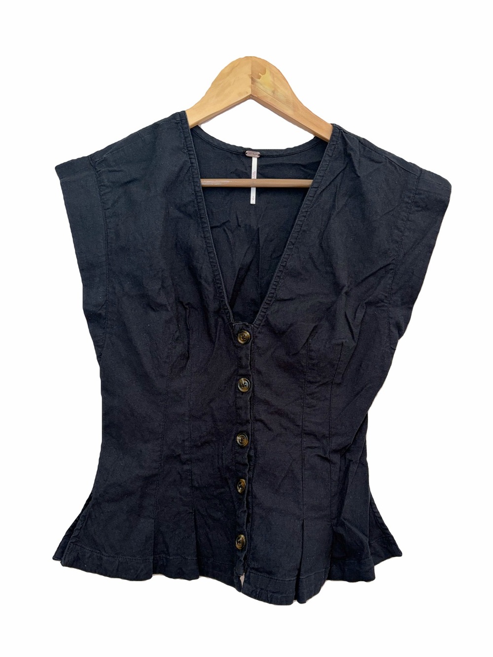 Free People Dylan Vest Blouse Top Shirt Buttondown Capped Sleeve Black Sz S - Picture 2 of 15